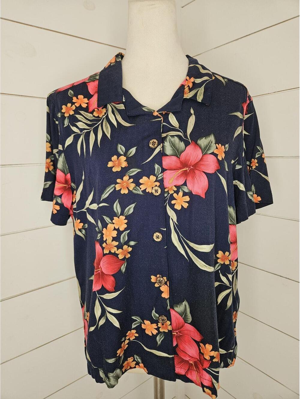 Vintage 90s Island Winds large navy blue with pink floral Hawiian shirt